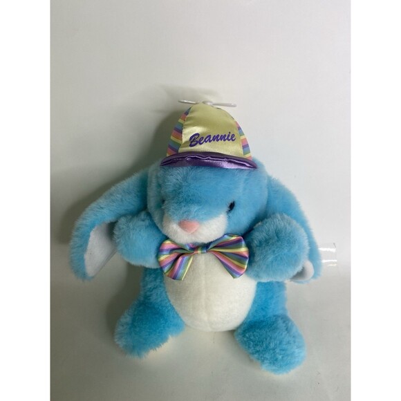 VTG Dan Dee Beannie Plush Blue White Bunny Rabbit Propeller Rainbow Hat Bow Tie